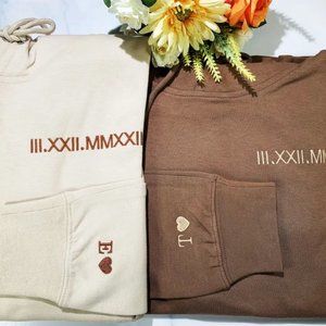 Custom date Roman numeral personalised embroidered hoody sweatshirt jumper coupl